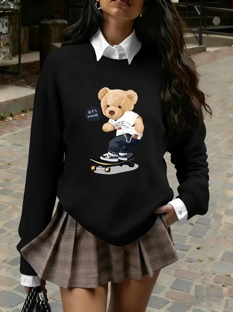 Women's Skateboard Bear Print Crew Neck Knit Sweater