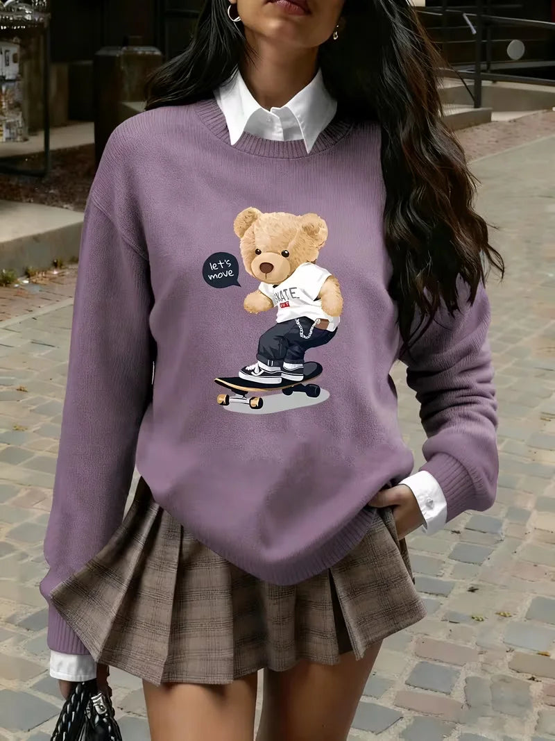Women's Skateboard Bear Print Crew Neck Knit Sweater