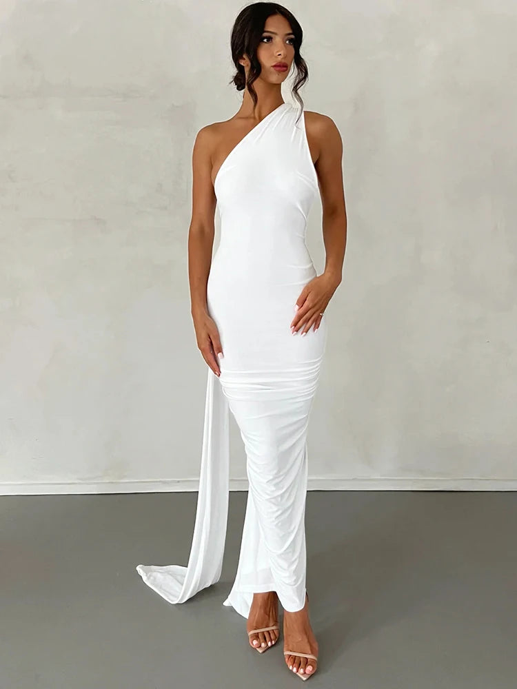 Vestido largo asimétrico con espalda abierta
