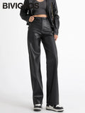 BIVIGAOS Fall Winter Fleece Loose Wide Leg Warm Leather Pants Women Button Pocket High Waist Thick PU Casual Straight Pants
