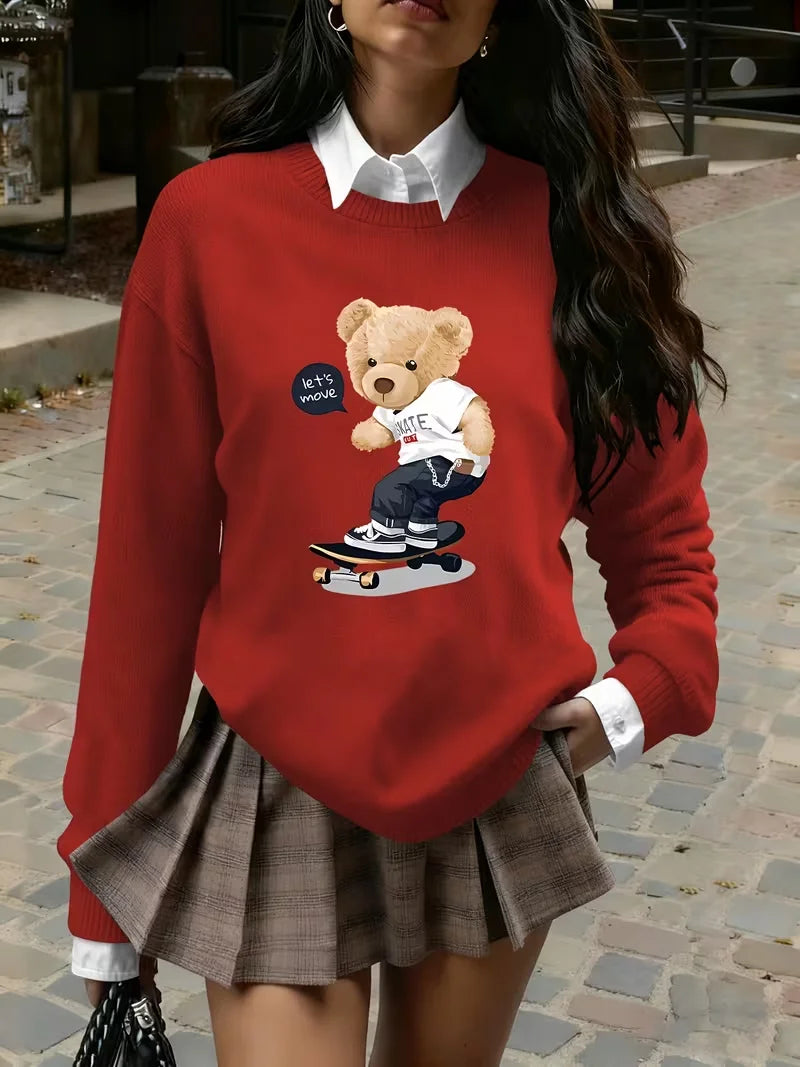 Women's Skateboard Bear Print Crew Neck Knit Sweater