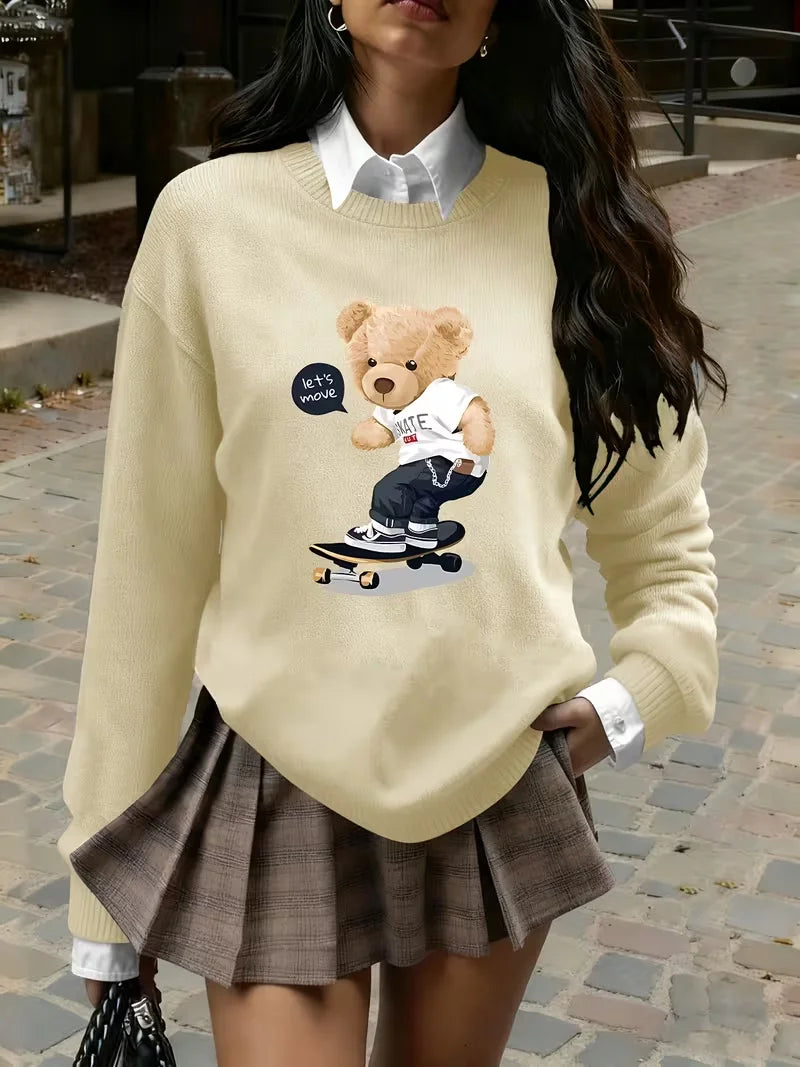 Women's Skateboard Bear Print Crew Neck Knit Sweater